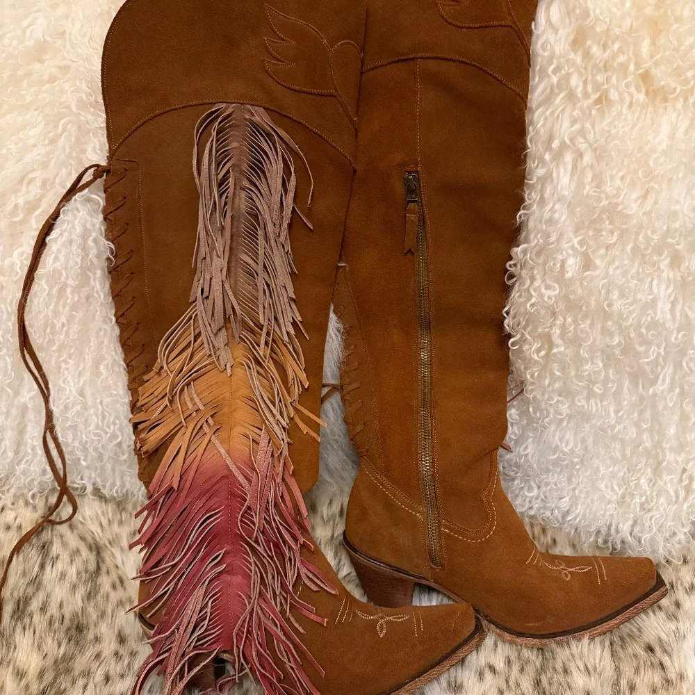 Lane Junk Gypsy Spirit Animal Fringe Over the Knee Boots - Brown and Red